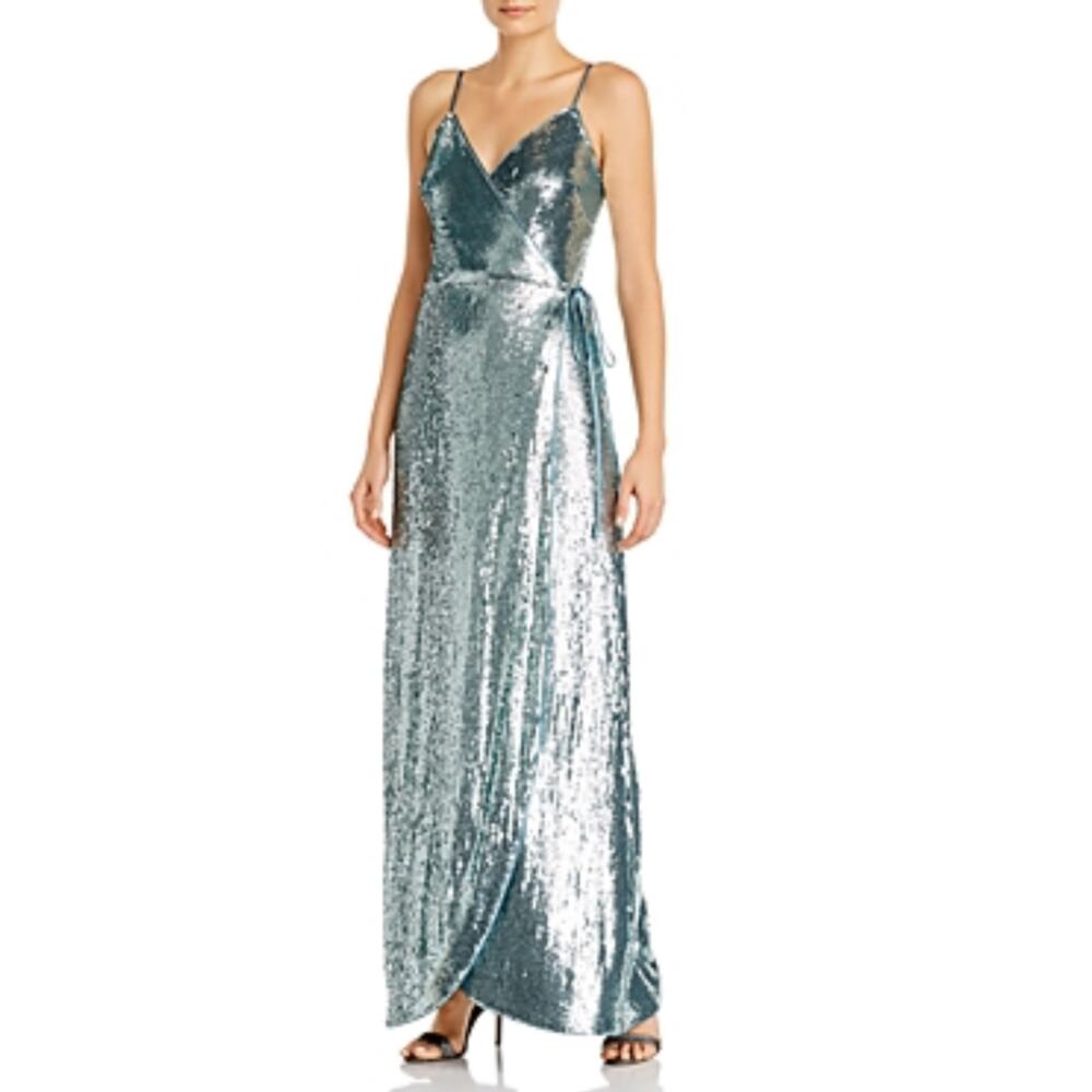 Aidan Mattox Mint Green/Blue Evening Gown Sequined Sleeveless Wrap Dress Size 8